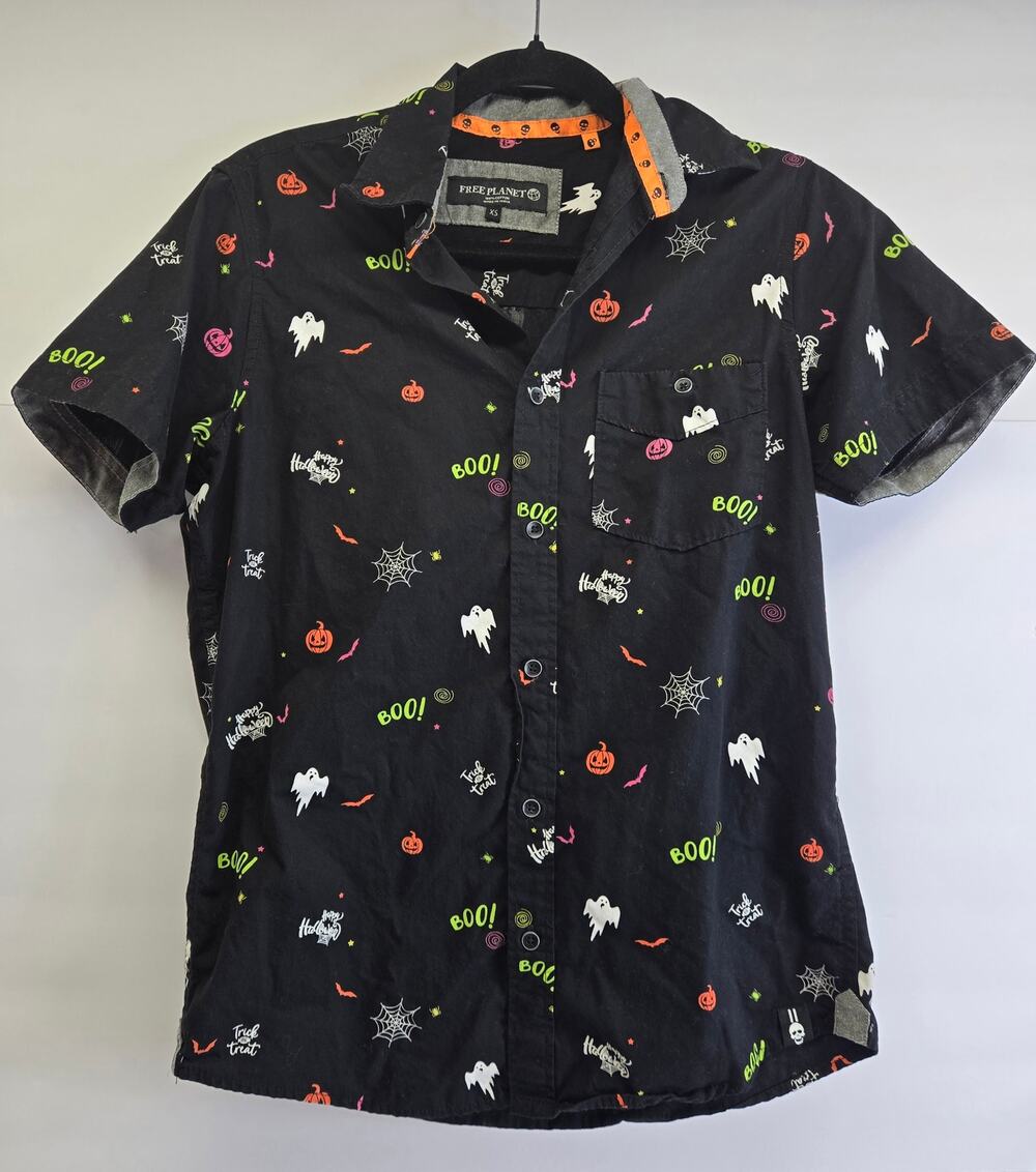 Free Planet Button Up Casual Dress Shirt Men's XSmall Halloween Black Orange